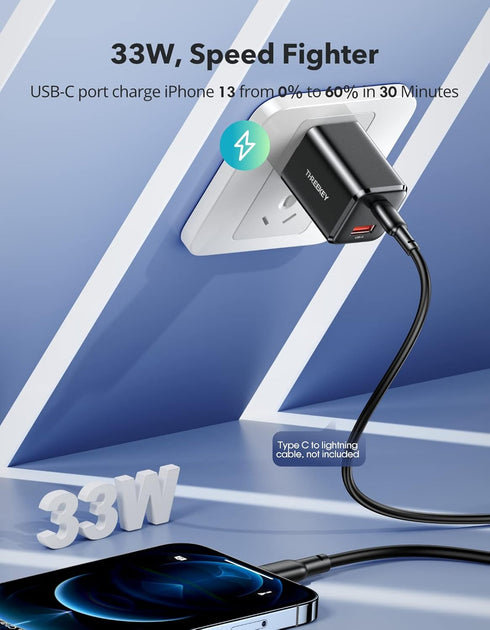 THREEKEY 33W Dual USB C Charger, Fast Charging Power Adapter Compatible with iPhone 12-16, iPad Pro, MacBook, Samsung S23/S22/Note 20/10/9/8 (Blac...