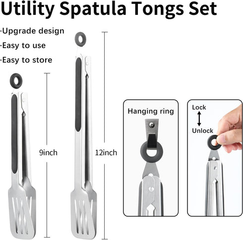 Tongs for Cooking, Spatula Tongs Set for Serving Food and Grilling, 9" and 12" Metal Tongs for Fish, Steak, Bread, Salad, Comfortable Grip, Easy t...