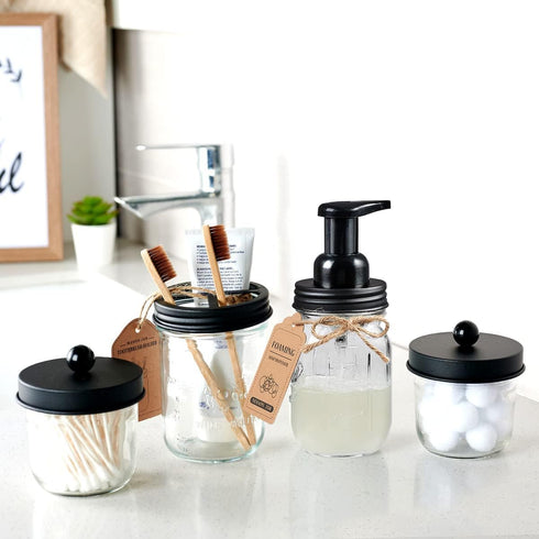 Amolliar Mason Jar Bathroom Accessories Set(4 Pack) - Foaming Soap Dispenser&Qtip Holder Set&Toothbrush Holder-Rustic Farmhouse Decor Bathroom Org...