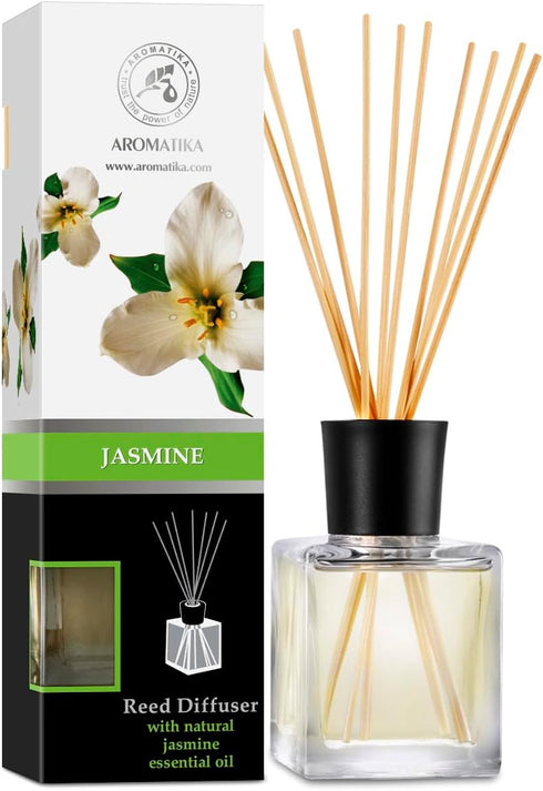 Jasmine Reed Diffuser w/Natural Essential Jasmine Oil 6.8 Fl Oz - Fresh & Long Lasting Fragrance - Scented Reed Diffuser - Gift Set w/Bamboo Stick...