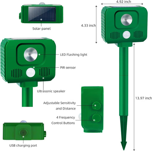 Ultrasonic Animal Repellent Outdoor Deer Repellent Devices Sonic Cat Repellent with Motion Sensor & Strobe Light, Skunk Rabbit Raccoon Repellent S...