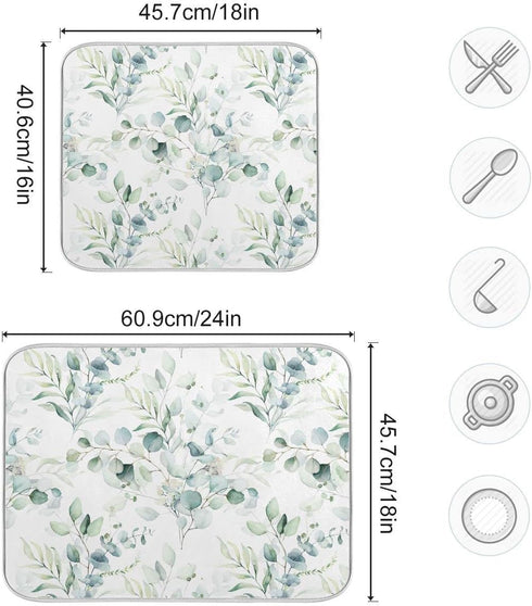 Green Leaves Dish Drying Mat for Kitchen Counter Herb Plant White Drying Mats Super Absorbent Reversible Microfiber Kitchen Countertop Protector D...