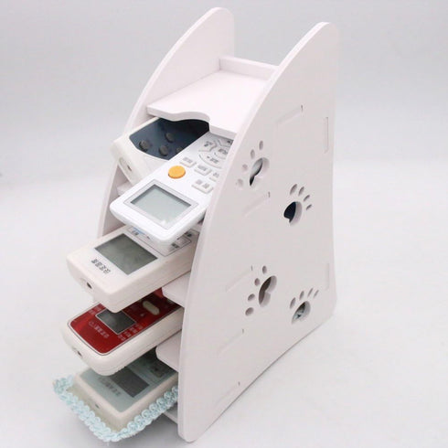 Coideal White Remote Control Holder Caddy - Small Desktop Organizer 4 Compartment Plastic-wood Pen Pencil Holder with Foot Pattern for Office Bedr...