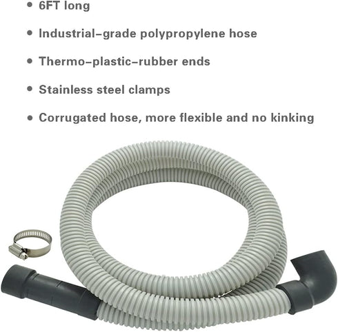 Universal Dishwasher Drain Hose with Elbow - 6 Ft Discharge Hose - Corrugated and Flexible Dishwasher Hose Drain Replacement with Clamp by TT FLEX