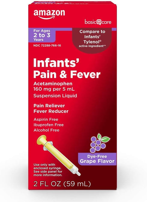 Amazon Basic Care Infants' Pain & Fever, Acetaminophen 160 mg per 5 mL, Suspension Liquid, Dye-Free Grape Flavor, 2 fl oz (Pack of 1)...