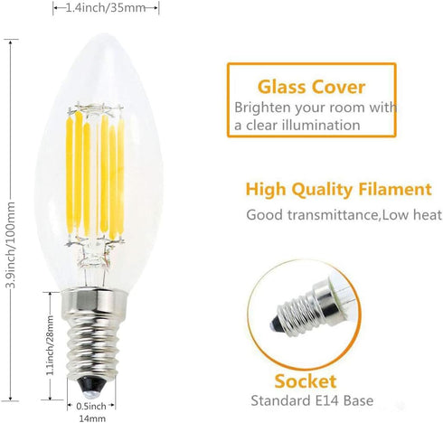 E14 LED Filament Candle Shape Light Bulb,E14 European Base Bulb,Daylight 6000K 600LM 60W Equivalent,C35 Clear Glass Torpedo Shape Bullet Top,No-Di...