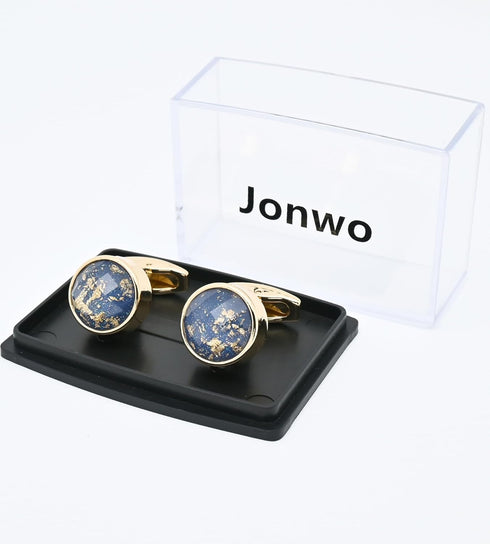 Polyhedral Blue/Black Gemstone Round Cufflinks for Men In Gift Case Golden/Silver Tone Unisex Cufflinks Jewelry Set for Wedding Party Anniversary ...