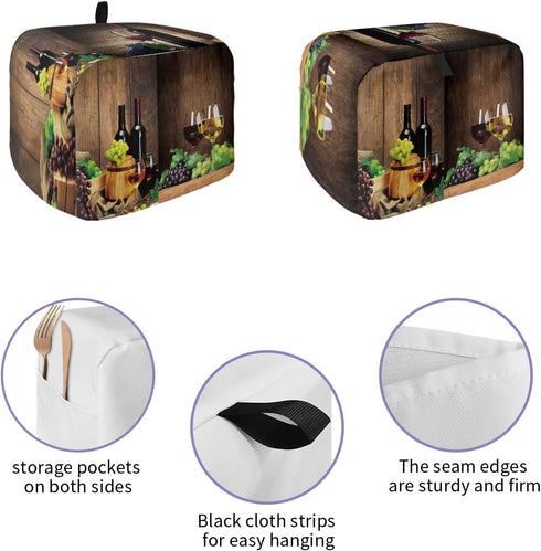 Toaster Dust Cover with Pockets, Red Wine Glass Wooden Barrel Grape Soft Washable 4 Slice Toaster Cover, Dust-proof Cover for Small Appliance Cove...