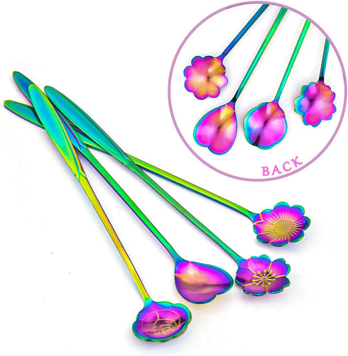 Flower Spoon Set of 4 PCS, LEEFONE 7" Flower Pattern Long Handle Spoon Stainless Steel Reusable Tea Scoops Stirring Spoon Ice Cream Spoon Coffee S...