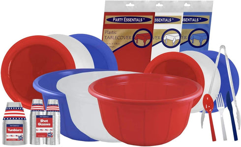Party Essentials Patriotic Assortment Hard Plastic Combo Pack, Disposable Cutlery, Red/White/Blue, 204 Pieces/ 68 Place Settings...