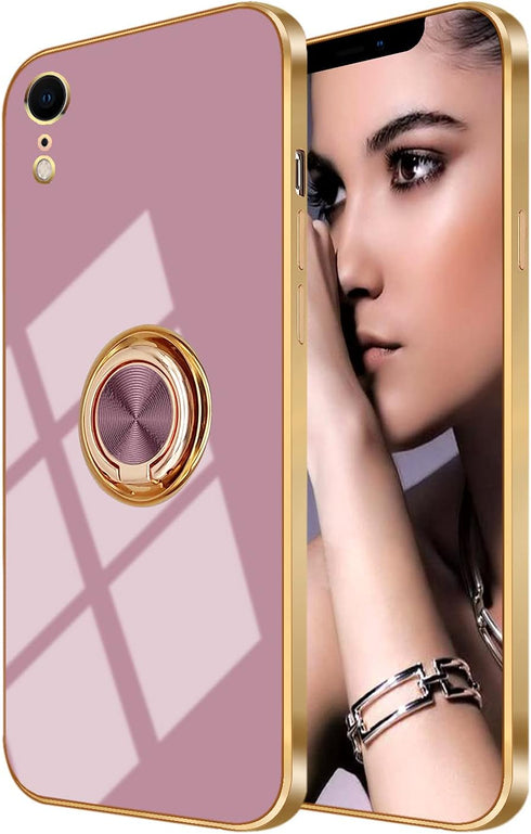Omorro for iPhone XR Case for Women Ring Holder, Built-in 360 TPU Rotation Kickstand Rings Case with Stand Glitter Plating Rose Gold Edge Work wit...