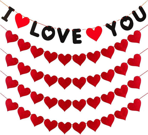 5 Pack Felt Heart Garland Banner, Love You Banner, Valentines Day Banner Decor - Valentines Decorations - Anniversary, Wedding, Birthday Party Dec...