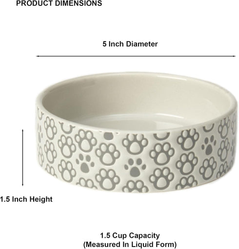 PetRageous 18428 Paws Shallow Round Stoneware Dog Bowl 5-Inch Width and 1.5-Inch Height 1.5-Cups Capacity, Grey...