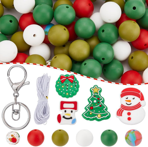SUNNYCLUE Christmas Keychain Making Kit Slicone Christmas Beads Winter Tree Snowman Sock Silicone Bead 15mm Green Red Round Silicone Beads Spacer ...