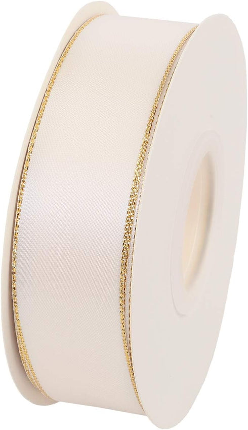 ITIsparkle 1" Inch Double Faced Satin Ribbon 25 Yards with Gold Edges, 1" X 25Yd - Ivory...