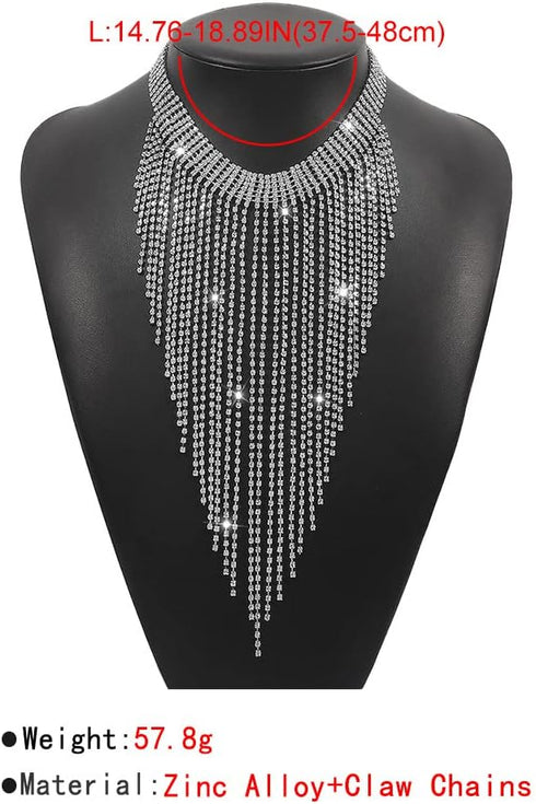 Fashion Women Sexy Rhinestone Bib Choker Necklace Tassel Long Chain Necklace...