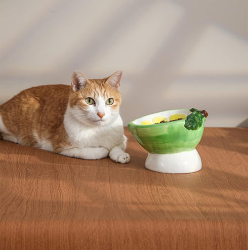 Lemon Shape 6 Inch Cat Raised Bowls, Pet Tilted Elevated Ceramic Dog Food & Water Dish for Puppy, Anti Vomiting & Lead-Free...