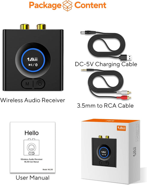 1Mii Bluetooth 5.0 Audio Receiver, Wireless Audio Adapter for Home Stereo Music Streaming System with 3.5 mm RCA, Bass Mode, 12hrs Playtime(Upgrad...