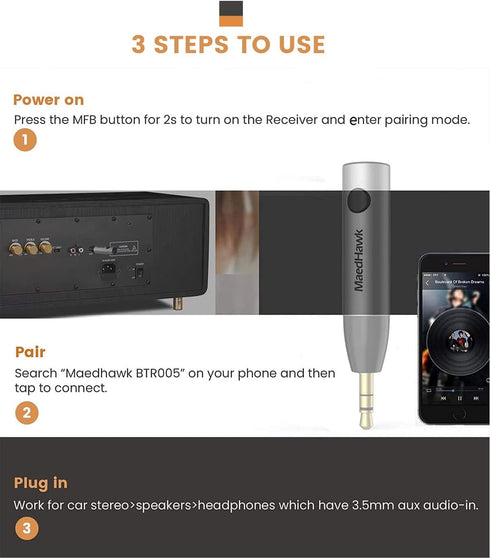 Bluetooth 5.0 Receiver, MaedHawk Bluetooth Aux Adapter/Portable Wireless Audio Car Kit (A2DP, Built in Microphone, Dual Link) with 3.5mm Jack for ...