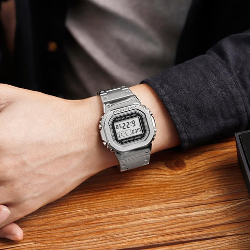 PASOY Men's Digital Multi-Function Watches Stainless Steel Square Case Dual Time Alarm Stopwatch Countdown Backlight Waterproof Watch...