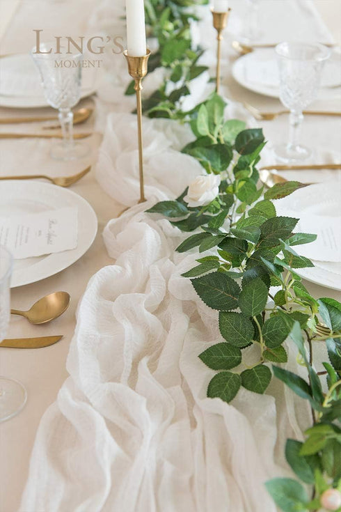 Ling's Moment 10Ft x 35" Wide Brilliant White Gauze Semi-Sheer Table Runner Cheesecloth Tablecloth for Wedding Party Bridal Shower Boho Table Deco...