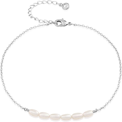 Freshwater Pearl Anklet,Sterling Silver 14K Silver Filled Boho Pearl Dainty Handmade Beaded Cute Tiny Charm Beach Ankle Bracelet Foot Chain Anklet...