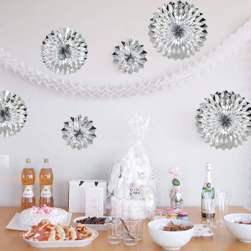 Hanging Paper Fans Party Set, Silver Round Pattern Paper Garlands Decoration for Birthday Baby Shower Graduation Retirement, Set of 6...
