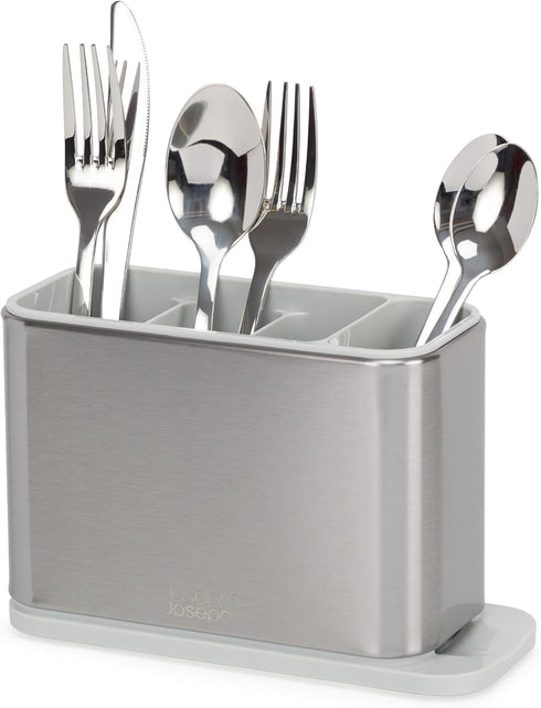 Joseph Joseph Surface Kitchen Sink Cutlery drainer, Utensil cutlery and kitchen gadgets holder with draining base, kitchen storage, Stainless Stee...