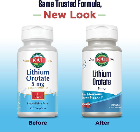 KAL Lithium Orotate 5 milligrams | Low Serving Of Chelated Lithium Orotate For Bioavailability and Mood Support | In Organic Rice Bran Extract Bas...