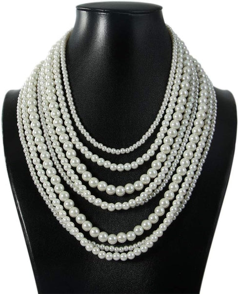 Kalse 8 Layers Strand Simulated Pearl Strand Bib Pendant Choker Chain Necklace...