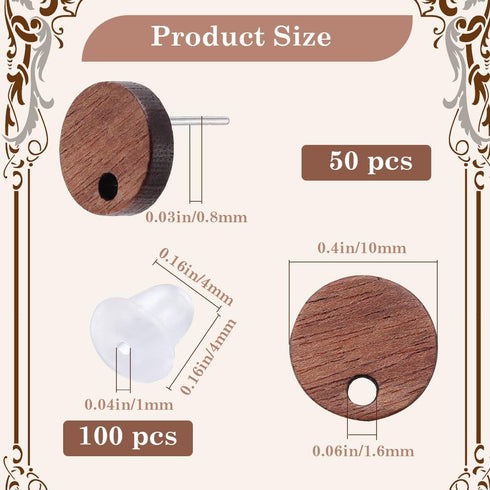 1 Box 50Pcs Wood Earring Stud Posts Wooden Earring Studs Blank Round Flat Pad Ear Studs with Ear Nuts and Loop Brown Earring Findings Posts for Je...