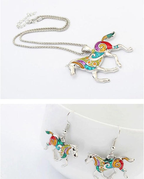 Charms Enamel Rainbow Horse Pendant Necklace with Earrings Jewelry Sets...