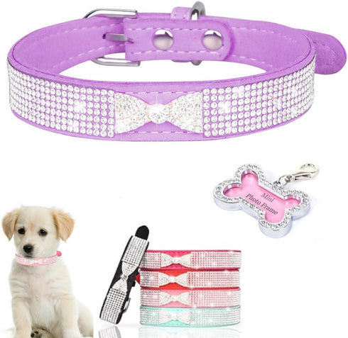 Puppy Collar with Rhinestone Name Plate, Pretty Bow Crystal Glitter Jewel Bling Sparkly Diamond Cat Collars for XXS Xs Small Medium Pet Girls Dogs...