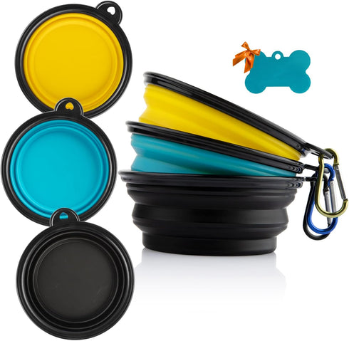 3 Collapsible Silicone Dog Bowl, Foldable Expandable Cup Dish for Small Pet Cat Food Water Feeding Portable Travel Bowl, Free Pet ID-Tag (S/Yellow...