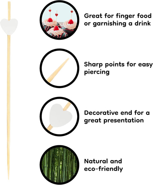 BambooMN 7.1" Decorative White Heart Bamboo Cocktail Fruit Sandwich Picks Skewers for Catered Events, Holiday's, Restaurants or Buffets Party Supp...