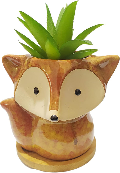 Cute 4.3 Inches Cartoon Fox Shaped Ceramic Indoor Succulent Cactus Vase Flower Plant Pots with Bamboo Tray for Home Garden Office Desktop Decorati...