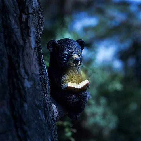 Sitting Bear Tree Hugger with Solar LED Light, Baby Bear Reading Book Garden Statue, Resin Animal Figurine Outdoor Decor, Yard Art Sculpture for L...