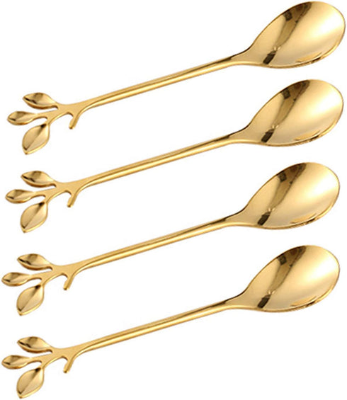 Gold Leaf Coffee Spoon Set of 4, Ice-Cream Tea Stirring Spoons 4.7 Inches Retro Dessert Demitasse Espresso Spoons Cutlery Kitchen Tableware (4 Spo...