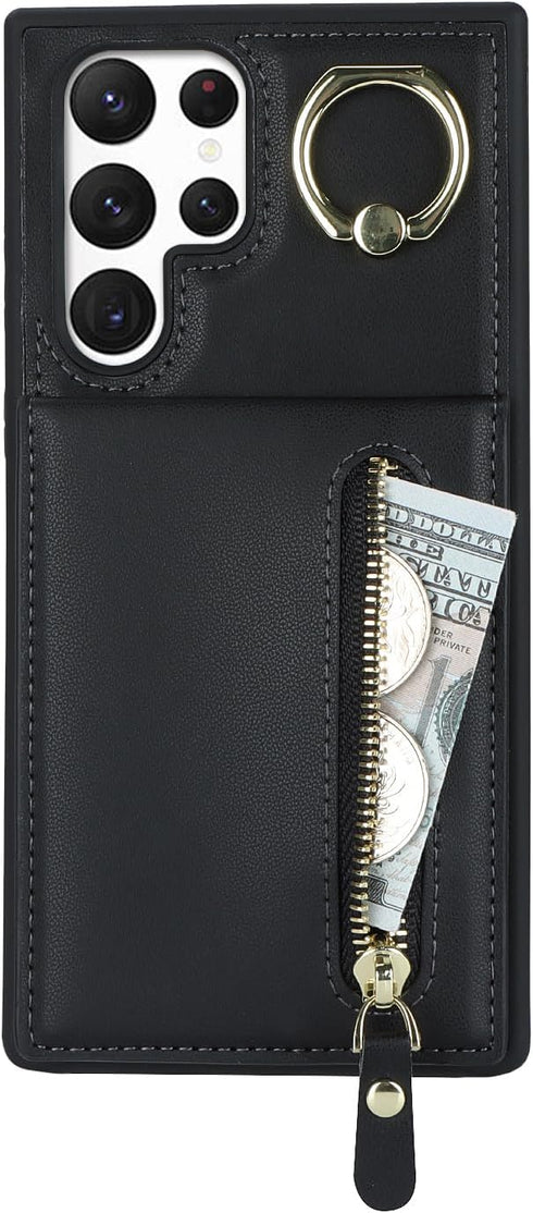 Samsung Galaxy S22 Ultra Case with Card Holder for Women, Samsung Galaxy S22 Ultra phone Case Wallet with Credit Card with Ring Kickstand Zipper S...