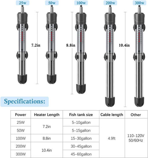HITOP 25W 50W 100W 200W 300W Adjustable Aquarium Heater, Submersible Fish Tank Heater Thermostat with Suction Cup (200W)...