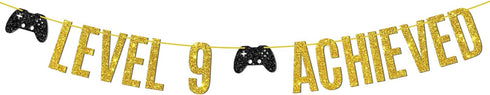 Level 9 Achieved Banner, Game on Level 9 Hanging Sign, Glittery Video Gamer Happy 9th Birthday Party Decorations...