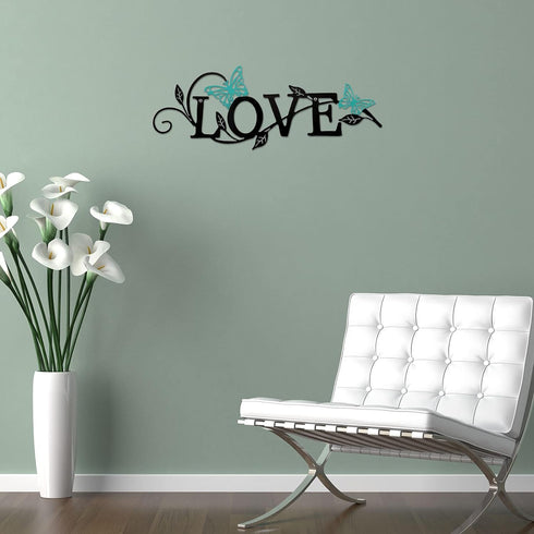 Metal Butterfly Love Sign Wall Decor Metal Black Love Word Sign Rustic Home Letter Ornament Cutout for Home Office Living Room Hanging Wall Decora...