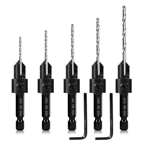 5-pc Countersink Drill Bit Set, 3in1 Woodworking Counterbore Hole Drill Bits for #6 8 10 12 16 Screws, Depth Adjustable M2 Pilot Drill Bits, 82-De...