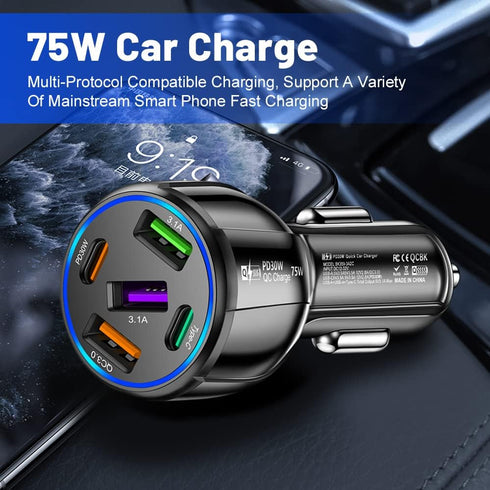75W Ultra-Fast Car Charger, 30W/QC3.0/Type C 5-Port Smart Shunt 12 Volt Car Adapter Cigarette Lighter USB Charger Compatible with iPhone 14 Pro MA...