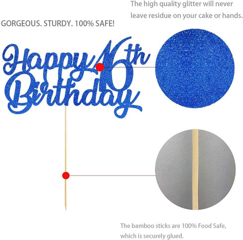 Blue Happy 16th Birthday Cake Topper, Royal Blue Glitter Cheers To 16 Years Party Cake Decorations, Supply...