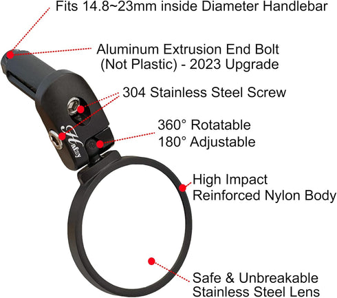 Hafny Bar End Bike / Bicycle Mirror, Stainless Steel Lens , Safe Adjustable Rearview Cycle / E-bike Mirror, HF-MR083 (Black 62mm)...