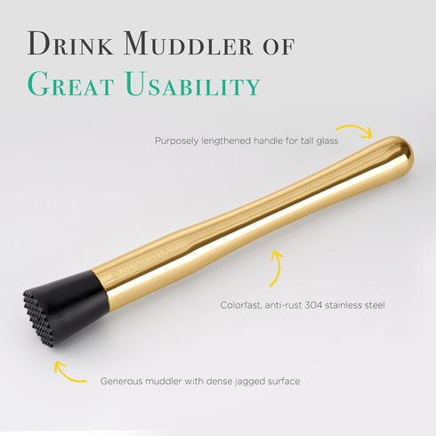 Homestia 10" Stainless Steel Muddler for Cocktails Drink Muddler, 12" Cocktail Spoon, 1 oz 2 oz Double Jigger, Basic 3 PCS Gold Cocktail Set Mixin...
