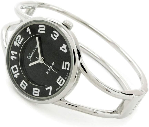 STC Silver Black Round Face Metal Double Band Fashion Women's Bangle Cuff Watch...