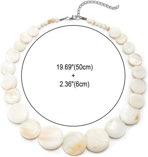 White Circle Disc Mother of Pearl Beads Chain Choker Collar Statement Necklace, Party Event, Unique...
