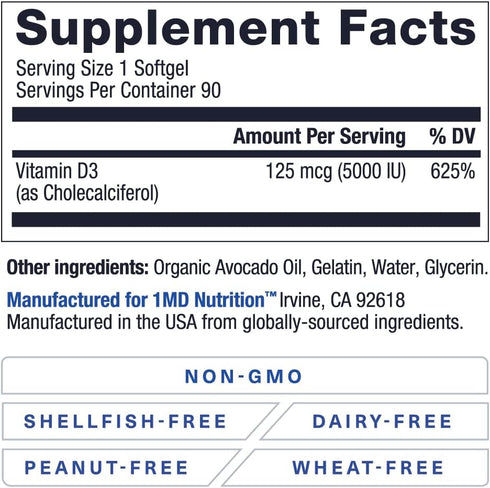 1MD Nutrition Vitamin D3 5000 IU Softgels | Bone Health, Muscle Function, & Immune Support | Gluten Free and Non-GMO with Organic Avocado Oil | 3-...